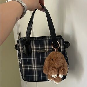 Burberry Black and Gray Plaid Mini Bag with Plush Charm